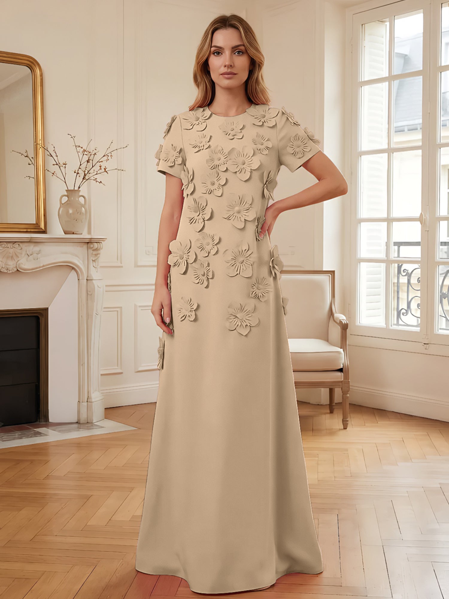Short Sleeve Crew Neck A-Line Gown with 3D Floral Appliques Evening Dresses