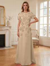 Short Sleeve Crew Neck A-Line Gown with 3D Floral Appliques Evening Dresses