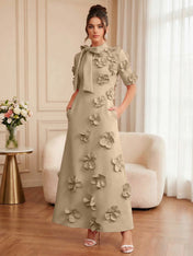 Pink Short Sleeve 3D Floral Maxi Dress Gown