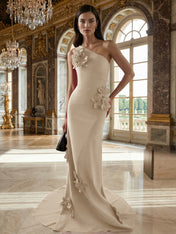 A Line One Shoulder Sleeveless Floor Length Stretch Crepe Dress With 3D Flowers