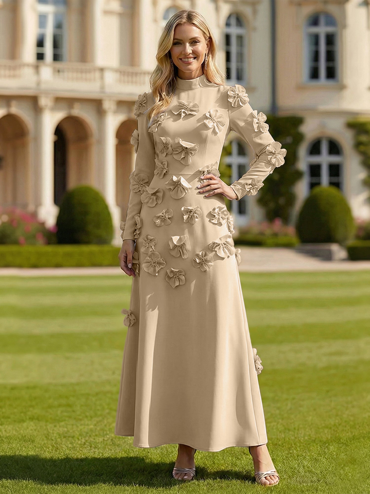 A Line High Neck Long Sleeves Stretch Crepe Dress With 3D Flowers