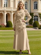 A Line High Neck Long Sleeves Stretch Crepe Dress With 3D Flowers