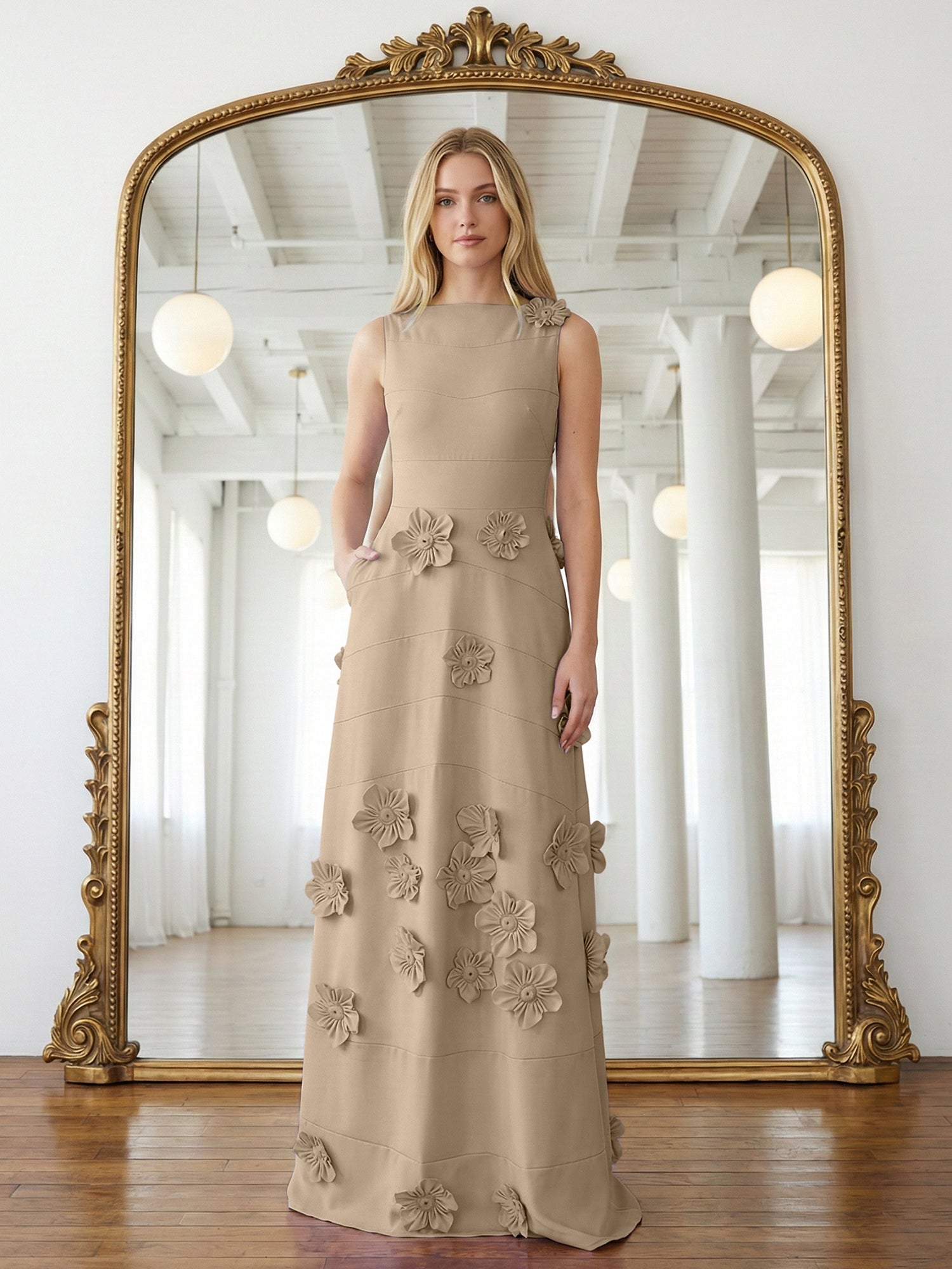 Lavender Boat Neck Formal Gown with Cascading 3D Flowers