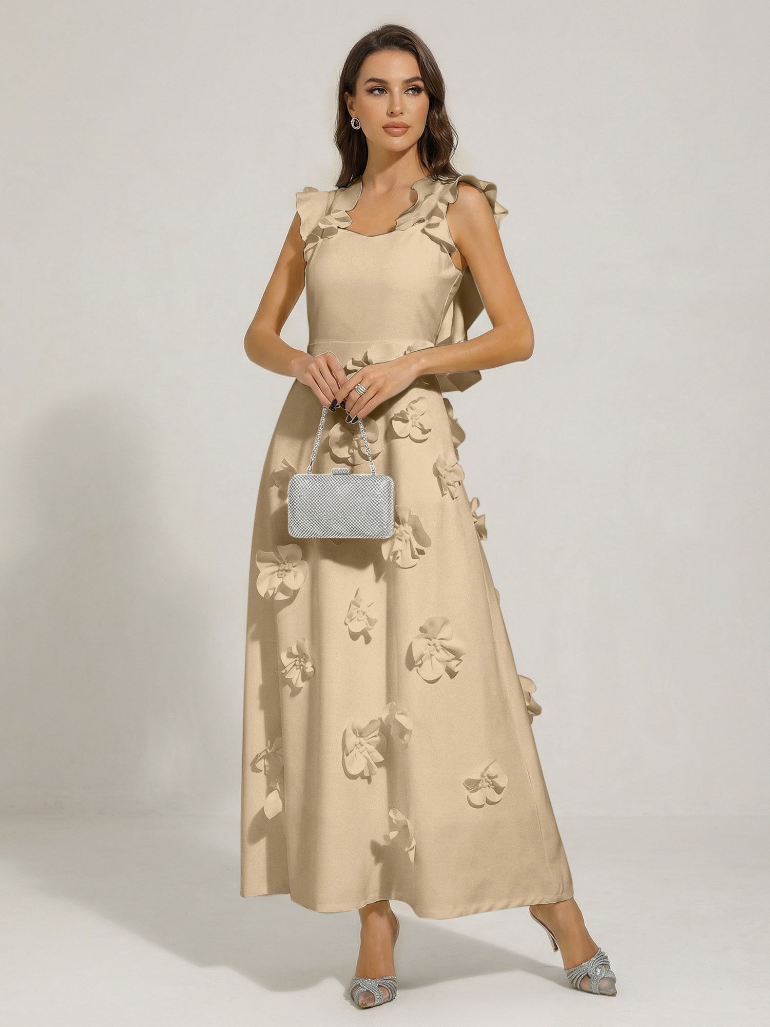 Chic White 3D Flowers A-Line Floor Length Stretch Crepe Dress with Pockets Maxi Dress