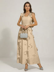 Chic White 3D Flowers A-Line Floor Length Stretch Crepe Dress with Pockets Maxi Dress