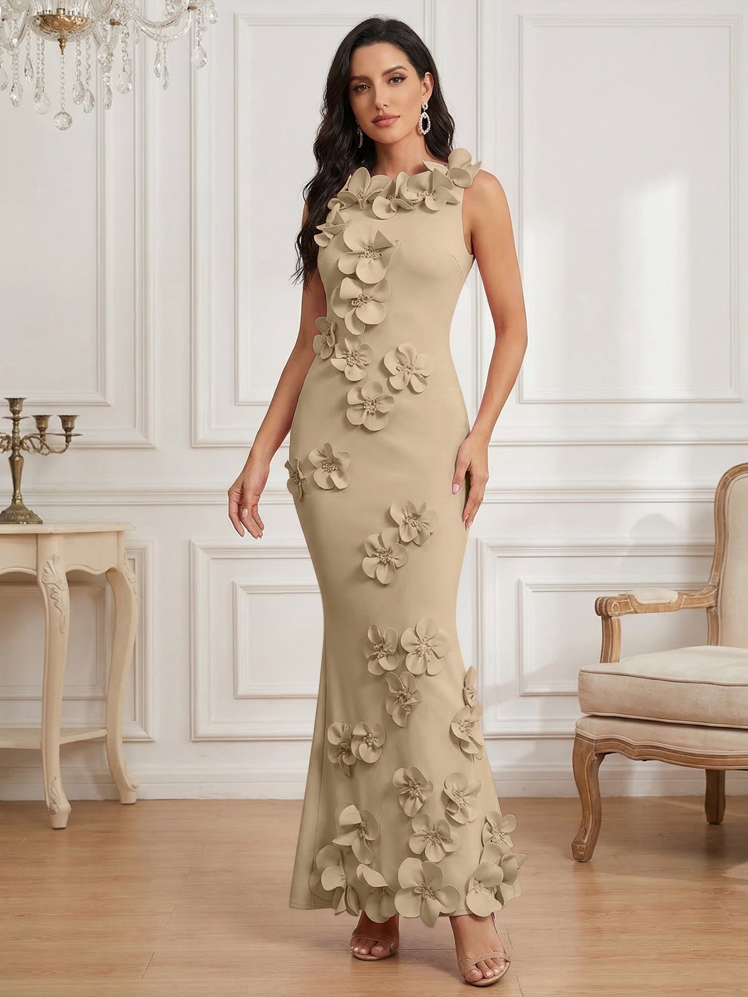Romantic Pink Sleeveless 3D Floral Mermaid Gown