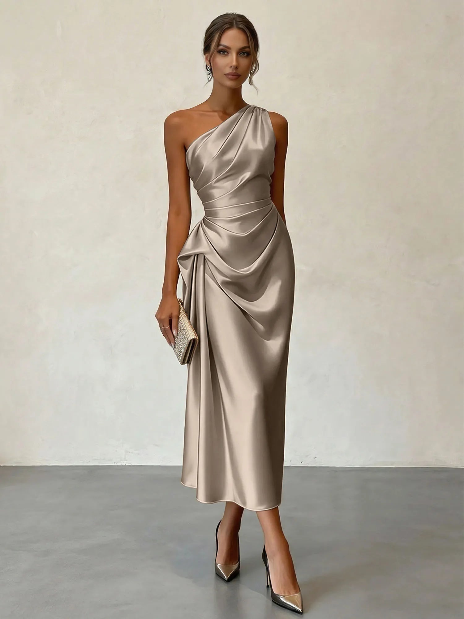 Champagne Ruched Satin One Shoulder Sleeveless Sheath Midi Dress