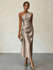 Champagne Ruched Satin One Shoulder Sleeveless Sheath Midi Dress