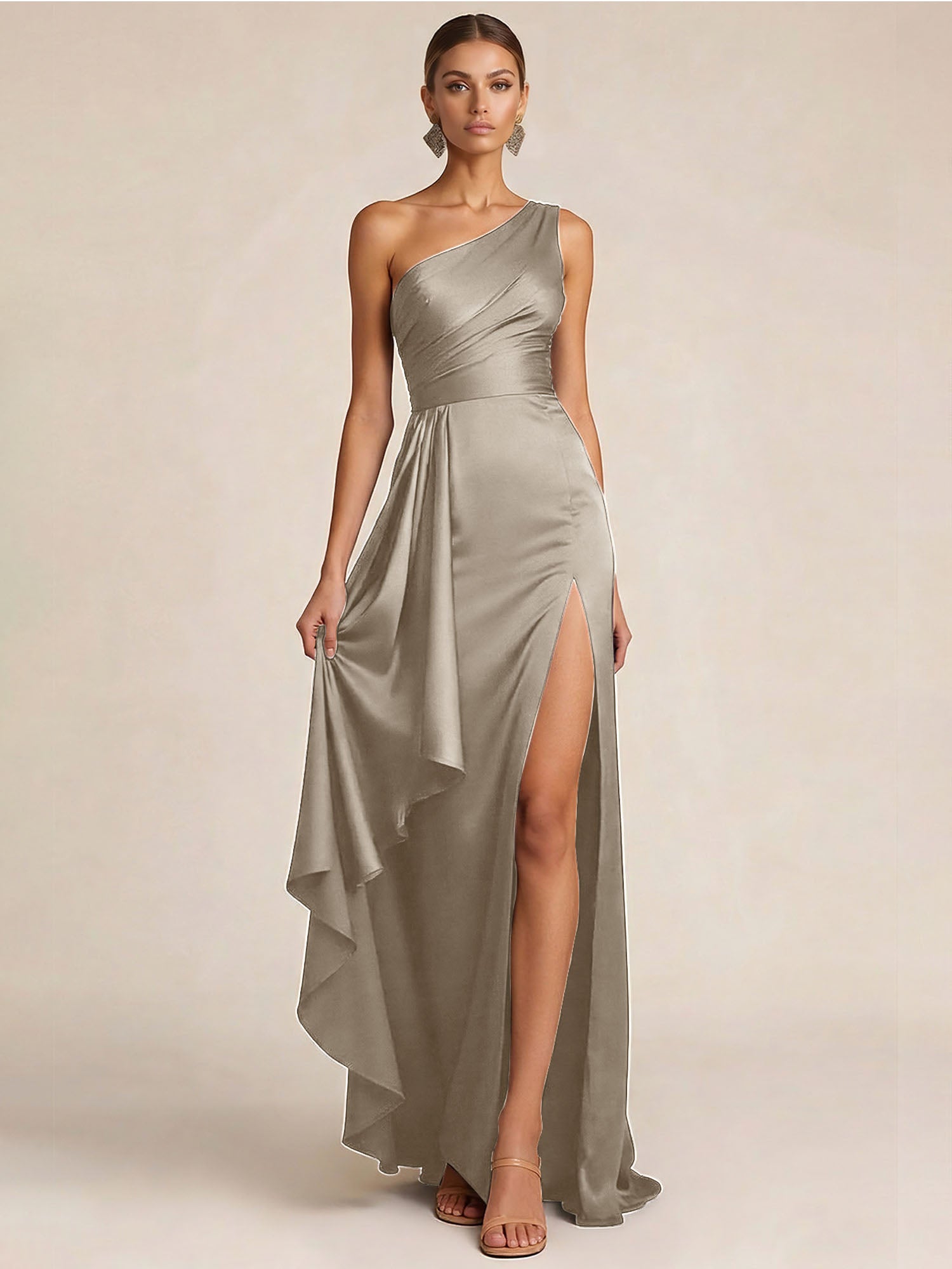 Sleek Foraml Evening Gown Midnight Navy One-Shoulder Satin Slit Maxi Dress