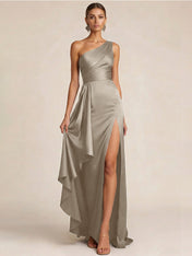 Sleek Foraml Evening Gown Midnight Navy One-Shoulder Satin Slit Maxi Dress