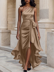 Glamorous Formal Dress Midnight Navy One Shoulder High-Low Satin Gown Midi Dress