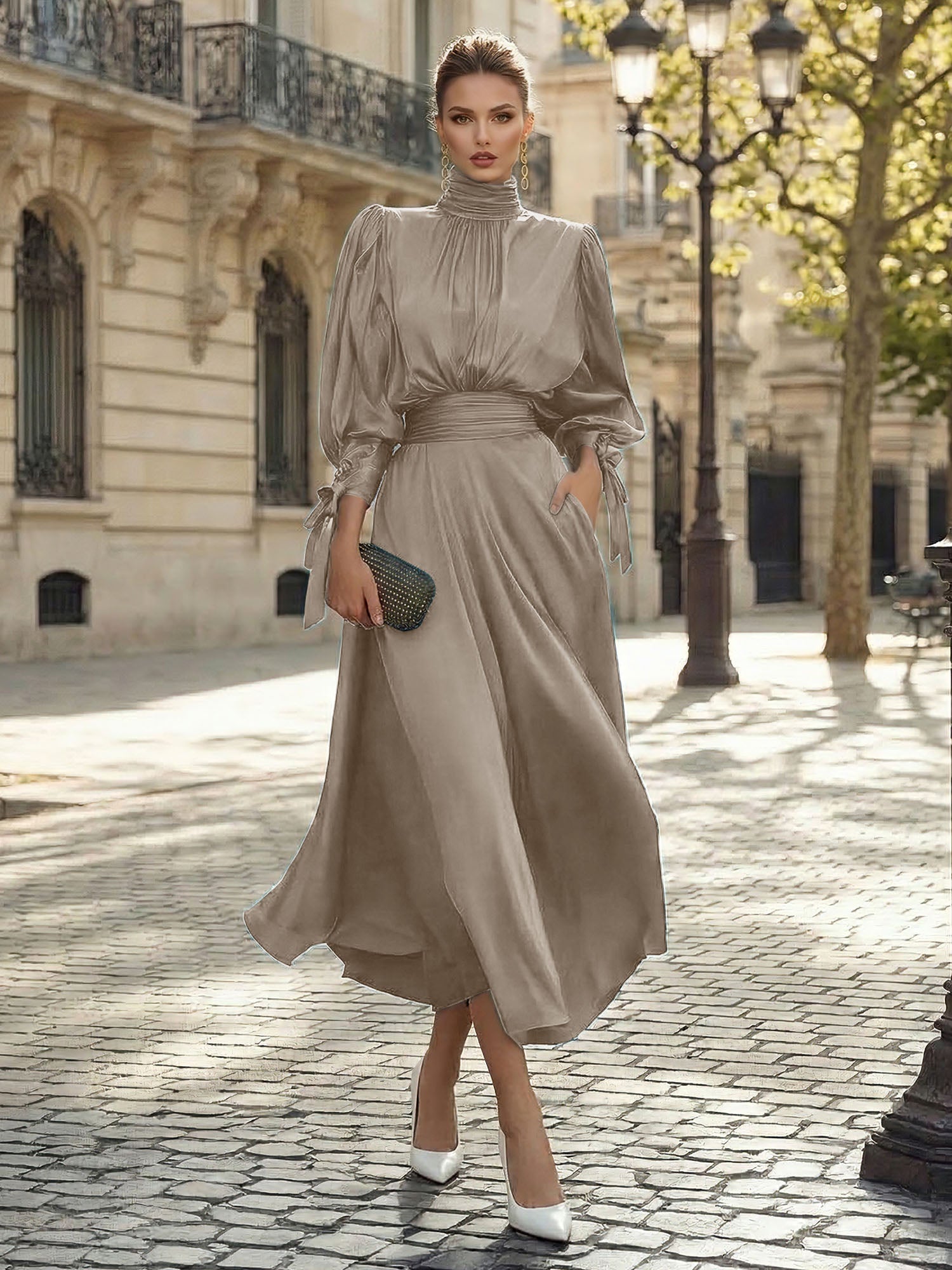 Sophisticated Emerald Green Satin High-Neck Midi Dress Gown