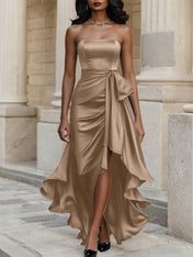 Glamorous Formal Dress Midnight Navy Strapless Satin Gown Midi Dress