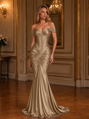 Burgundy Off-The-Shoulder Ruched Mermaid Floor-Length Gown Dress