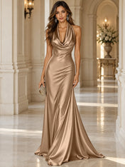 Elegant and Luxurious Cowl-neck Champagne Gold Satin Maxi Dress
