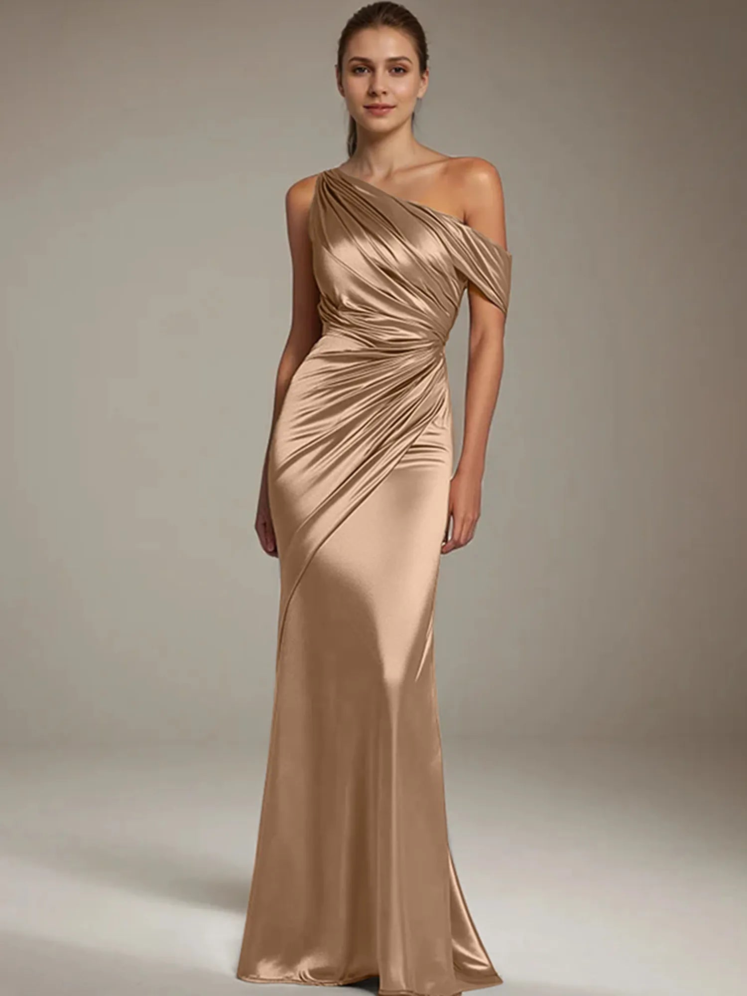 Formal Party Satin Dress Silver One-Shoulder Pleated  Floor-Length Dress