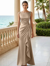 Dusty Blue Scoop Neck Evening Dress with Ruffle Mermaid Maxi Dress