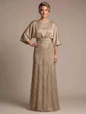 Bateau Neck Satin Evening Gown with 3/4 Batwing Sleeves Mother of The Bride Dresses
