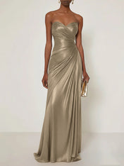 Evening Formal Dress V Neck Silver Silk Ruffles Strapless Maxi Dress