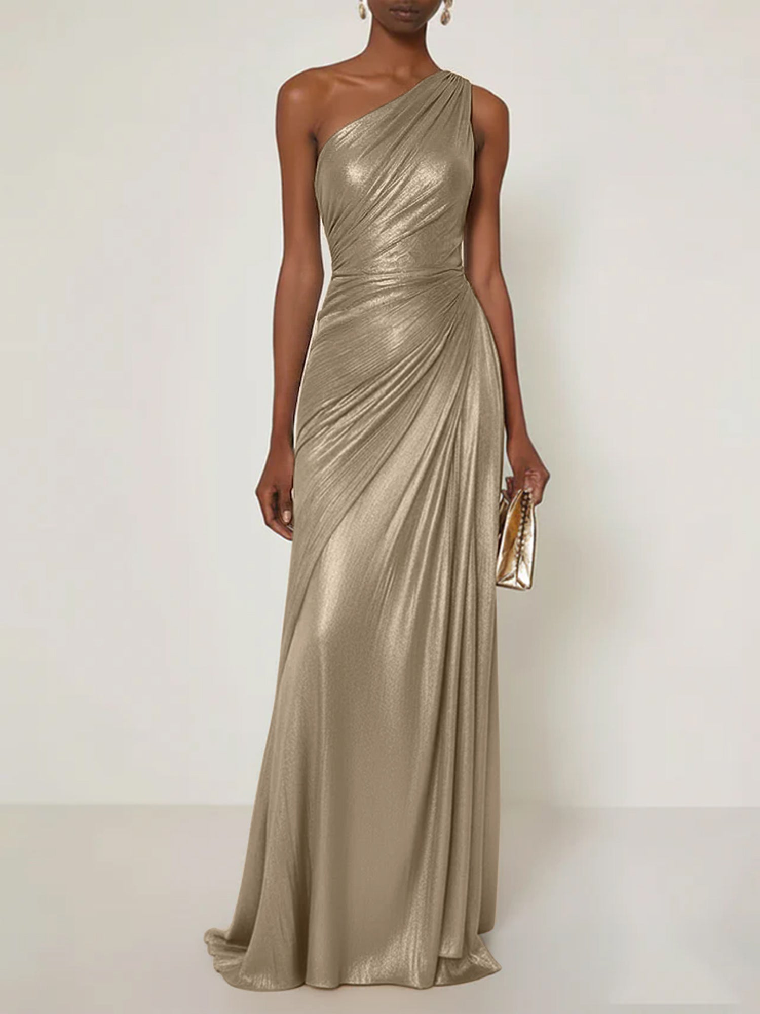 Evening Formal Dress One Shoulder Silk Ruffles Maxi Dress