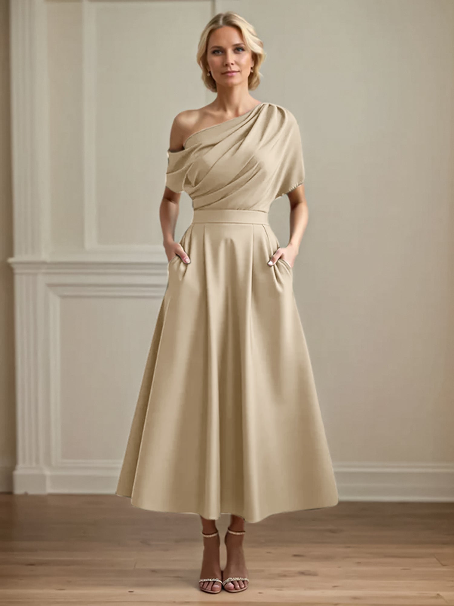 A Line Satin One Shoulder Pleated Ankle Length Mother of the Bride Dress
