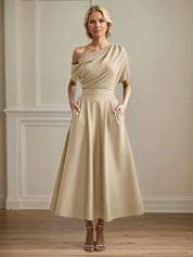 A Line Satin One Shoulder Pleated Ankle Length Mother of the Bride Dress