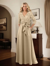 Classic V-Neck Bow Accented Satin Mother Of The Bride Dress With Lace