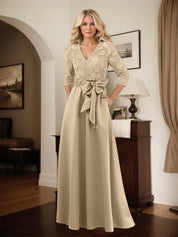Classic V-Neck Bow Accented Satin Mother Of The Bride Dress With Lace