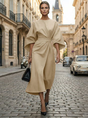 Loose Batwing Sleeve Dress Tight Waist Solid Color Elegant Dresses