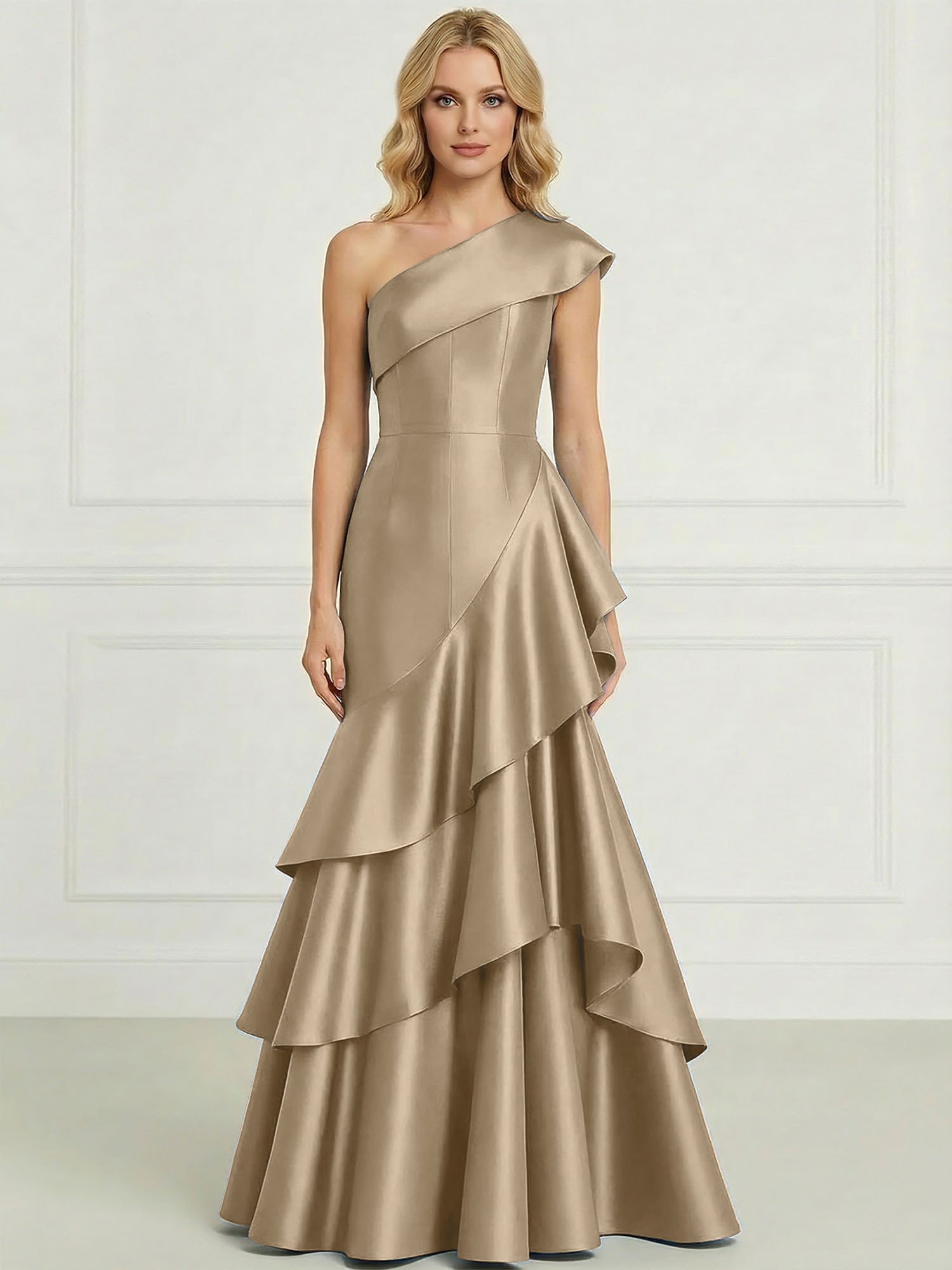 Formal Evening Dress Dark Blue One-Shoulder Satin Tiered Maxi Gown