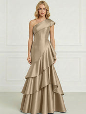 Formal Evening Dress Dark Blue One-Shoulder Satin Tiered Maxi Gown