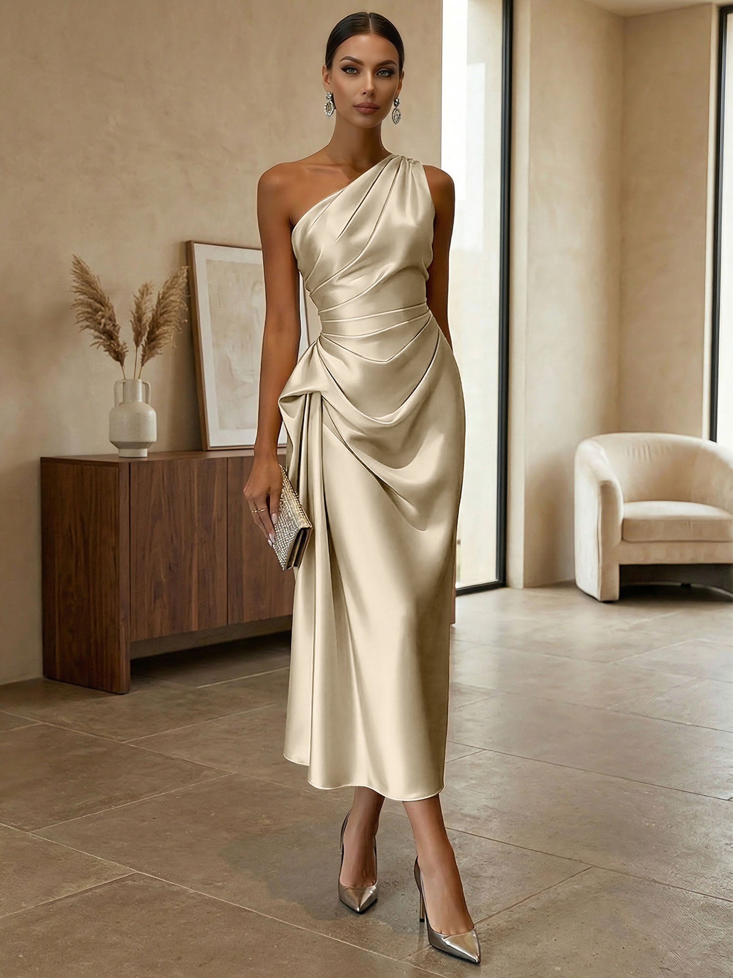 Champagne Ruched Satin One Shoulder Sleeveless Sheath Midi Dress