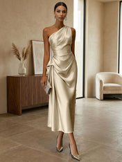 Champagne Ruched Satin One Shoulder Sleeveless Sheath Midi Dress