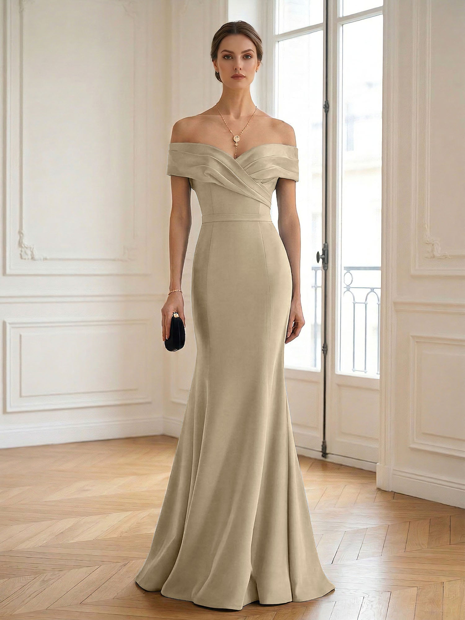 Formal Wedding Guest Dress Navy Off Shoulder Maxi Mermaid Dress