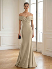 Formal Wedding Guest Dress Navy Off Shoulder Maxi Mermaid Dress