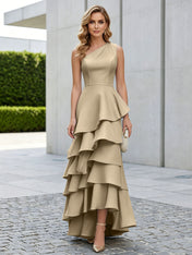 One Shoulder Tiered Ruffle Satin Mermaid Evening Gown with Sculptural Layers