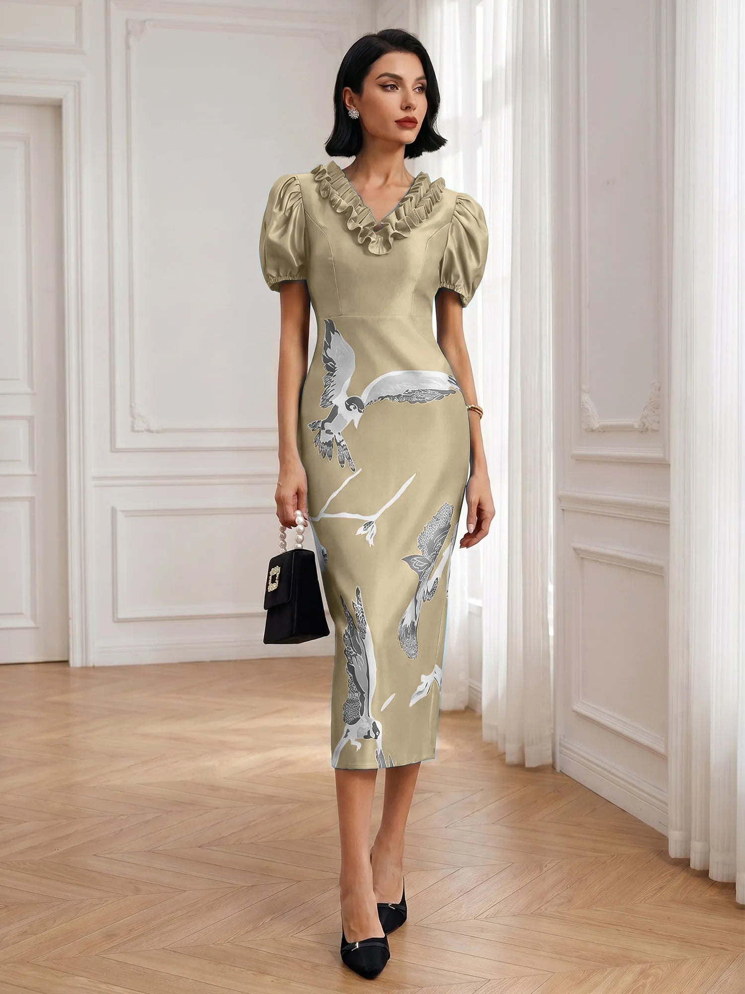 Black Folds V Neck Puff Sleeve Midi Sheath Dress