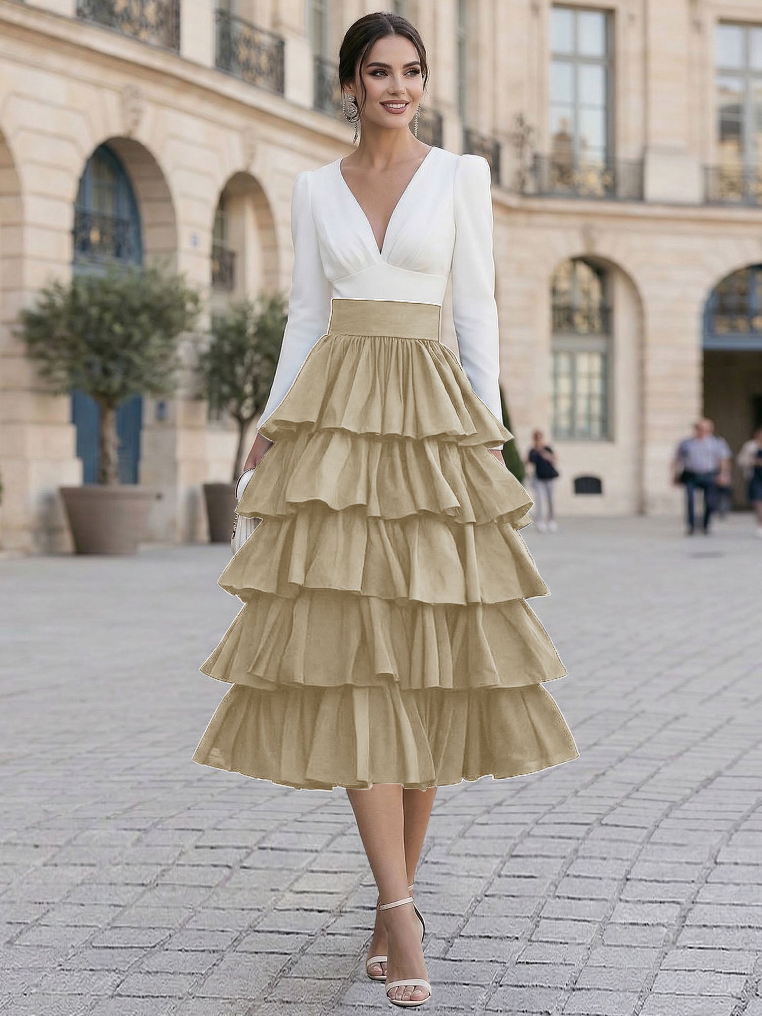 Chic Formal Evening Gown Monochrome V-Neck Tiered Ruffle Midi Dress