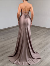 Taupe Strapless Satin Cutout Prom Dress with Crystal Detail