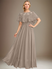 A-line Boat Neck Floor-Length Lace Chiffon Mother of the Bride Dress With Applique Sequins