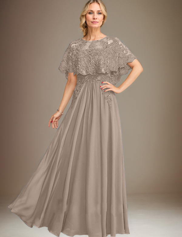 A-line Boat Neck Floor-Length Lace Chiffon Mother of the Bride Dress With Applique Sequins