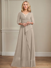 A-line V-Neck Floor-Length Chiffon Mother of the Bride Dress With Pleated Beading