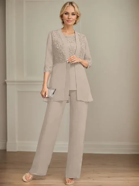 Pantsuit Separates Scoop Floor-Length Chiffon Lace Mother of the Bride Dress With Sequins