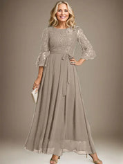 Robe de mère de la mariée trapèze en mousseline de soie et dentelle, longueur cheville, avec nœud