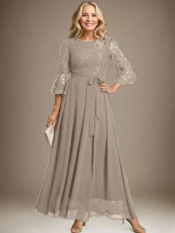 Robe de mère de la mariée trapèze en mousseline de soie et dentelle, longueur cheville, avec nœud