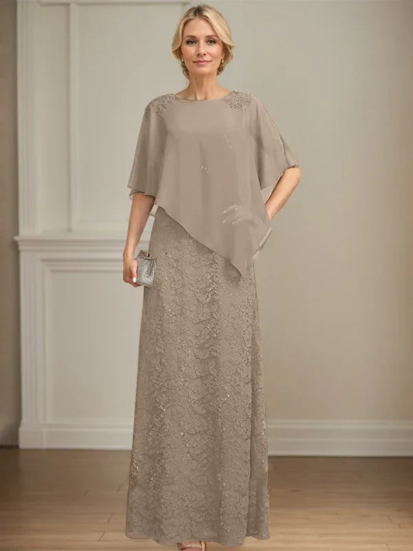 Column Scoop Floor-Length Chiffon Lace Mother of the Bride Dress With Sequins Beading