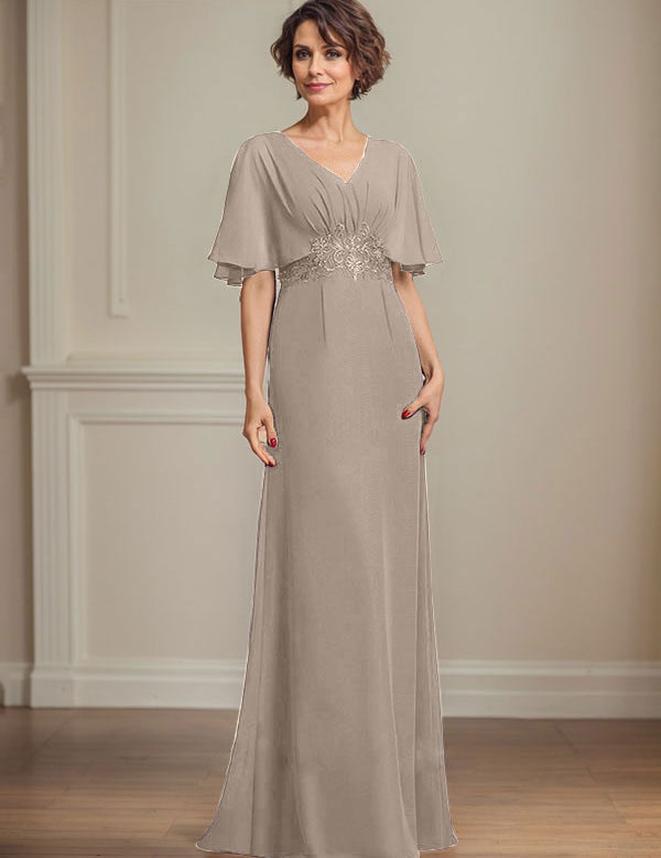 A-line V-Neck Floor-Length Chiffon Mother of the Bride Dress With Pleated Sequins Appliques Lace