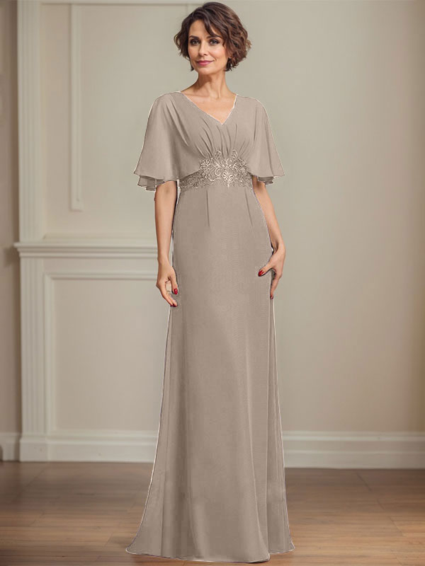 A-line V-Neck Floor-Length Chiffon Mother of the Bride Dress With Pleated Sequins Appliques Lace