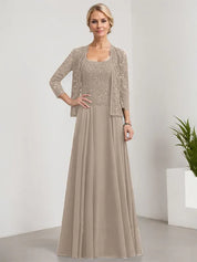 Robe de mère de la mariée trapèze carrée, longueur au sol, en mousseline de soie et dentelle, avec paillettes 