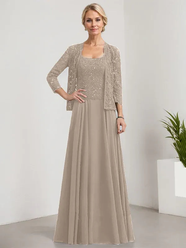 Robe de mère de la mariée trapèze carrée, longueur au sol, en mousseline de soie et dentelle, avec paillettes 